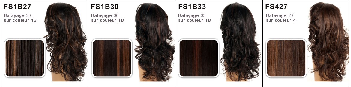 Les Coloris en balayages FS1B/27, FS1B/30,  FS1B/33 et FS4/27 de chez Vivica Fox Hair